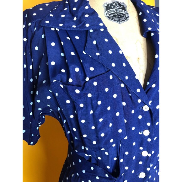 1970s-1980s 40s StylePolka Dot Drop Waist Button Up Back Peplum Dress. S-M AS IS - Picture 6 of 10
